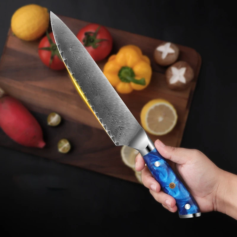 

7,7-дюймовый нож шеф-повара, 67-слойная дамасская сталь, лезвие 9Cr18CoMov, ручка из смолы, нож для нарезки овощей, тесак для мяса, кухонный нож Messer