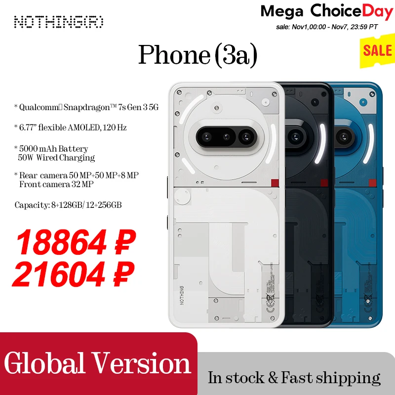 Global Version Nothing Phone (3a)  6.77 inch Flexible AMOLED  Snapdragon 7s Gen 3 5G 5000 mAh 50W  Charging 12GB+256GB