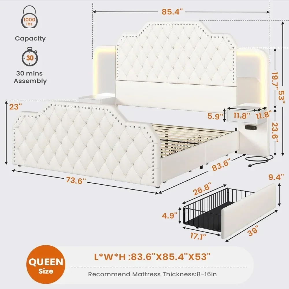 New Best Selling US Ship Queen Size Upholstered Platform Bed Frame with Tall Headboard 4 Storage Drawers Built in USB C