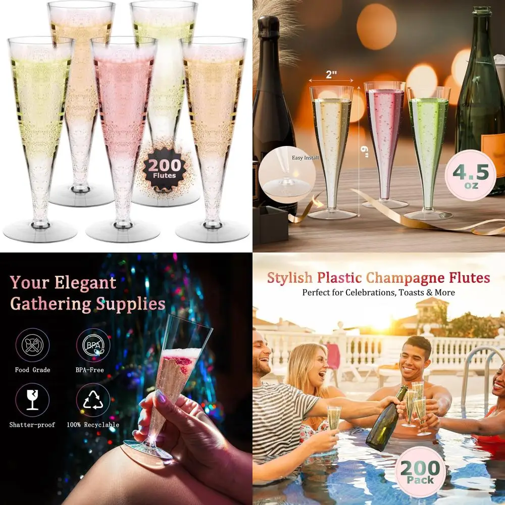 

Одноразовые 200 упаковок прозрачных пластиковых флейт для шампанского, 4,5 унции, идеально подходят для вечеринок, свадеб и тостов.
