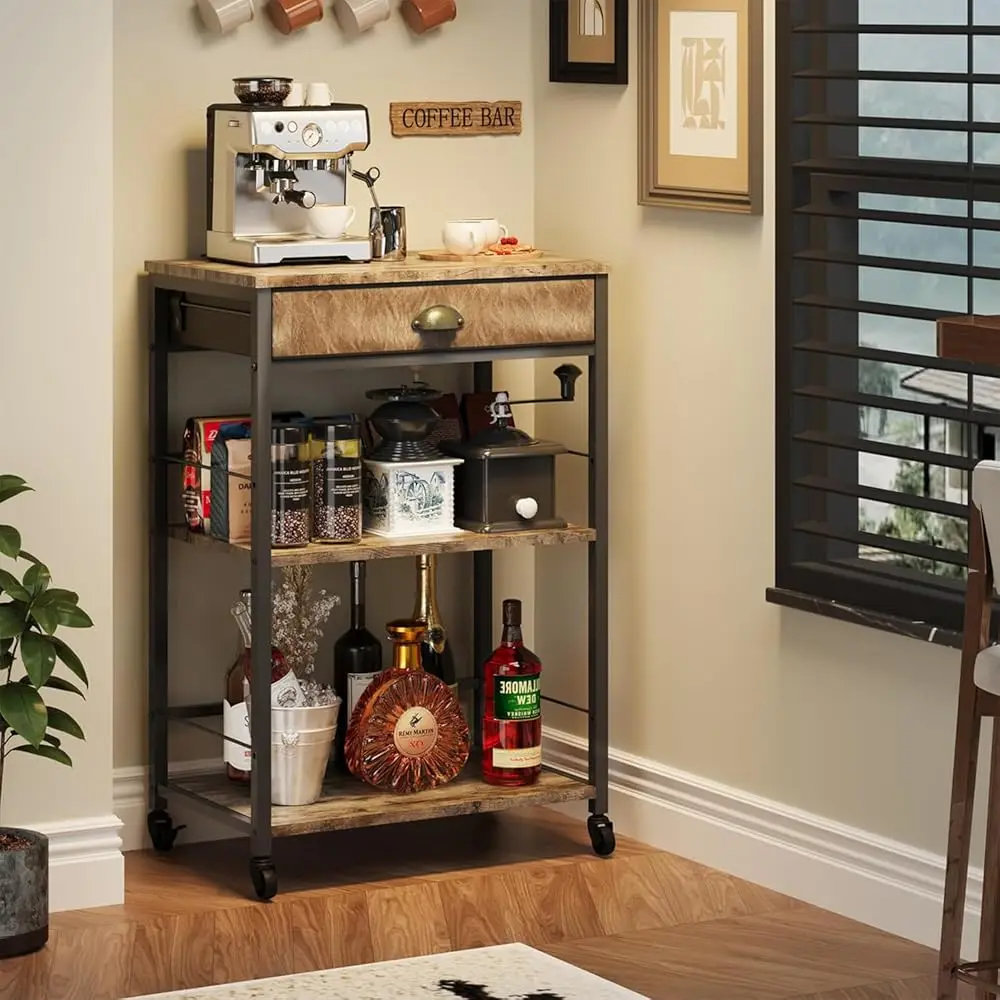 Coffee Bar Cart With Storage, 3-Tier Coffee Table With Drawer For Home Buffets & Sideboards,Coffee Station Corner Table With