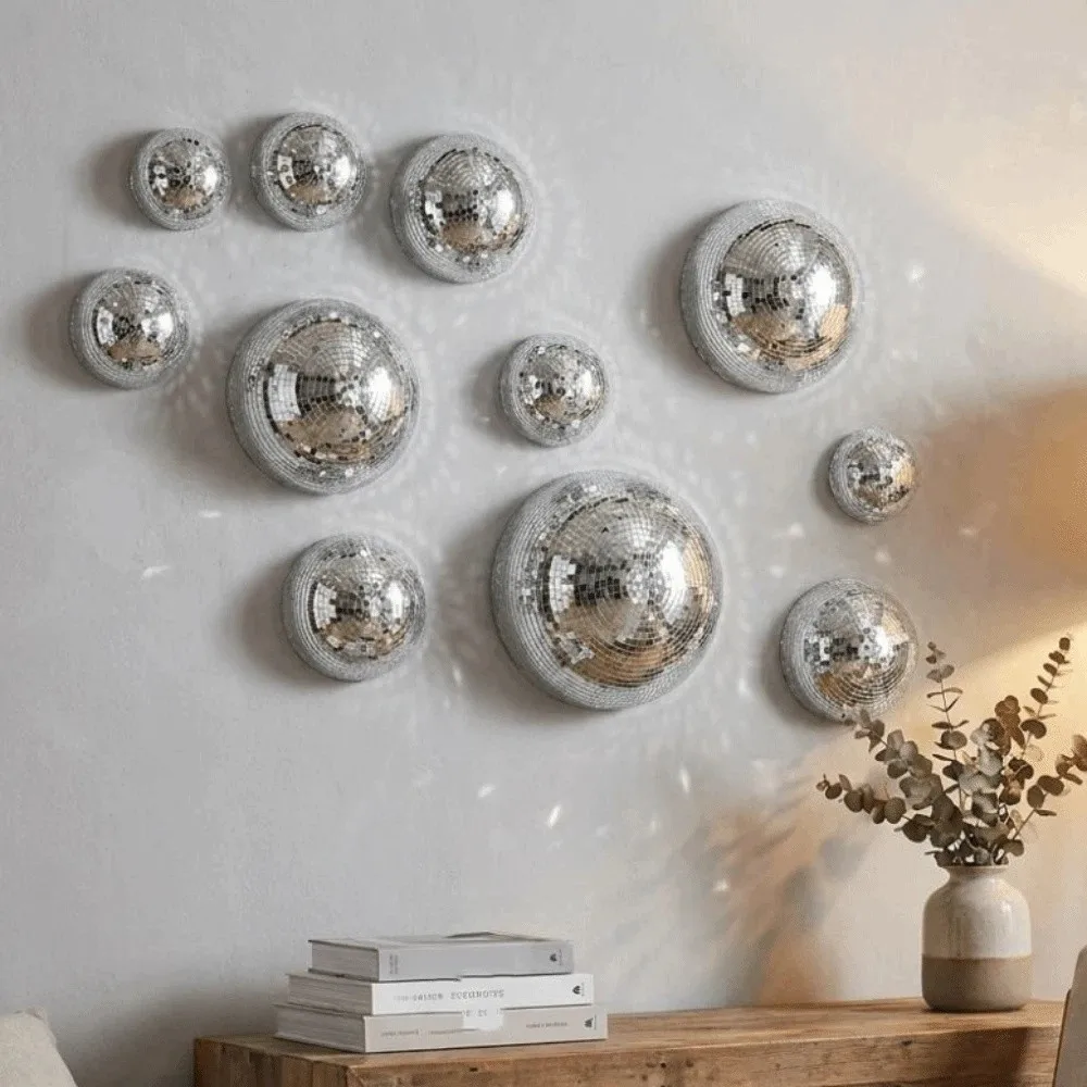 5Pcs Metallic Disco Ball Half Wall Decor Glittery Light-refracting Dome-shaped Disco Wall Decor Adhesive-backed Glass Mirror
