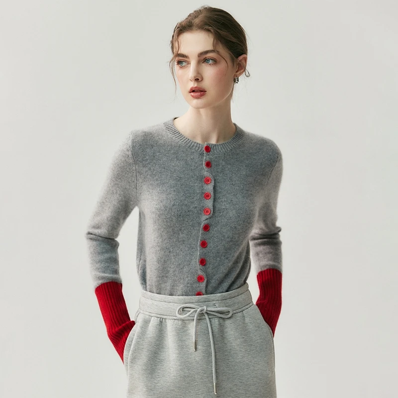 시크 여성 100% 캐시미어 가디건 컬러 프레피 스타일 블로킹 슬리브 캐시미어 스웨터 가을 겨울 기본 소프트 가디건 코트