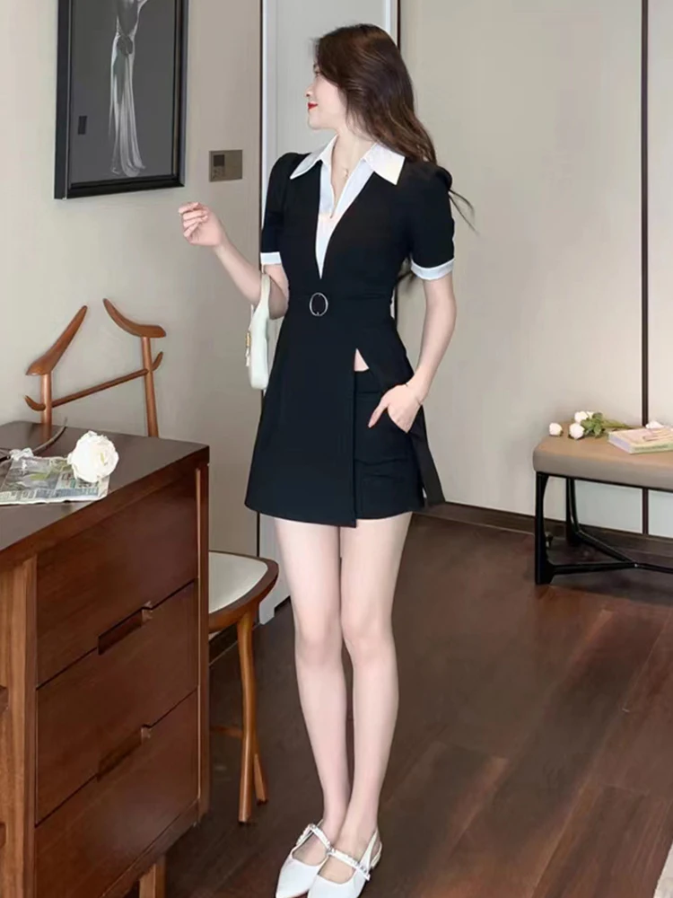 Summer Fashion Black Formal 2-częściowe stroje Eleganckie biuro Kobiety Szykowne krótkie rękawy Długie topy Koszula Bluzka Szorty Mujer Slim Set