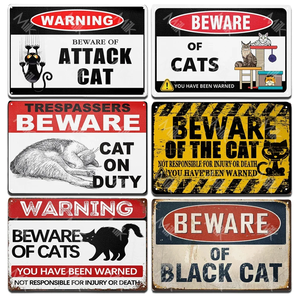 Beware of Cat Sign - Aluminum - Cat Door Signs - Attack Cat Sign - Cute Cats Warning Decor Signs for Cat Kitty Lovers Home Room