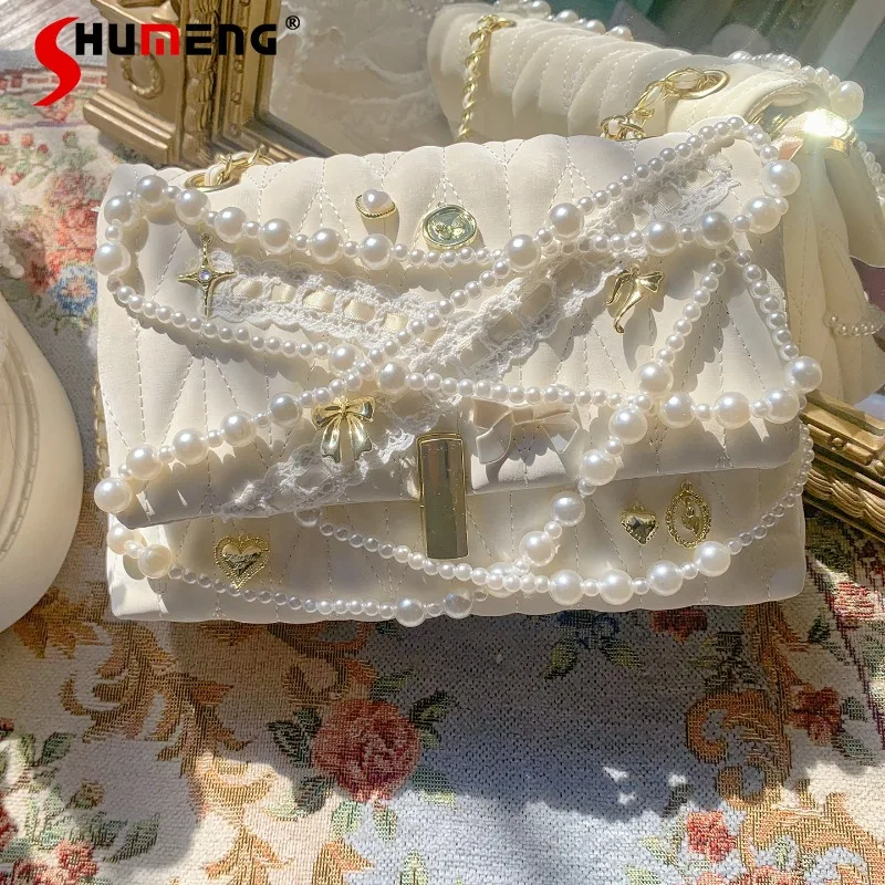 

Japanese Lolita Original Pearl Bow Ribbon Chain Handheld Square Bags Sweet Elegant Princess Style Single Shoulder Crossbody Bag
