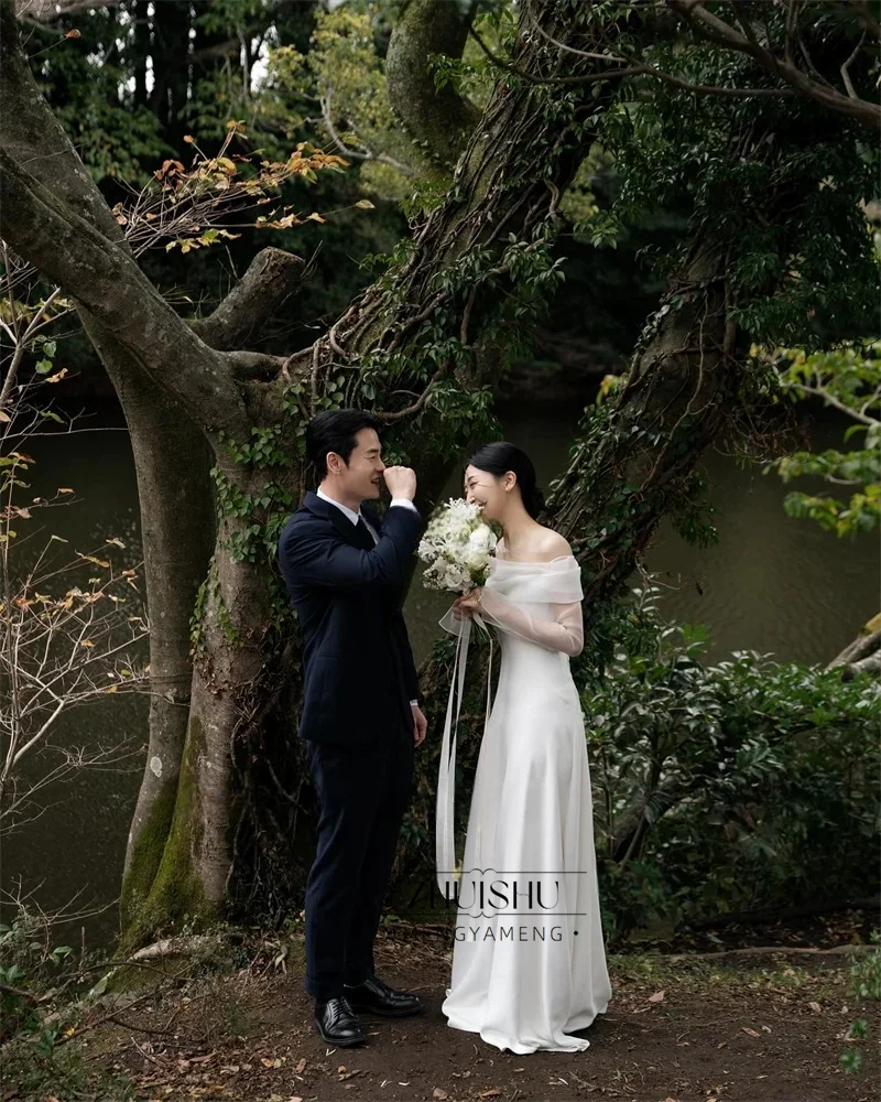 Simple A Line Korea Wedding Dresses Photoshoot Long Sleeves Off Shoulder Floor Length Bridal Gowns Corset Back 2026