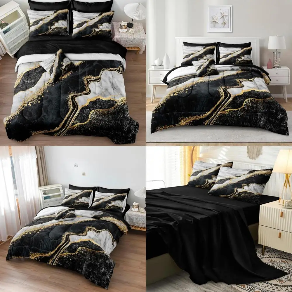 

King Size 8-Piece Marble Comforter Set in Black and White with Gold Accents