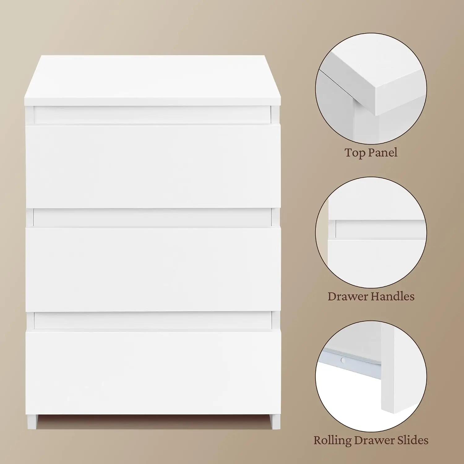 Small Nightstand with 3 Drawers, Bedroom Storage Dresser, White view 6