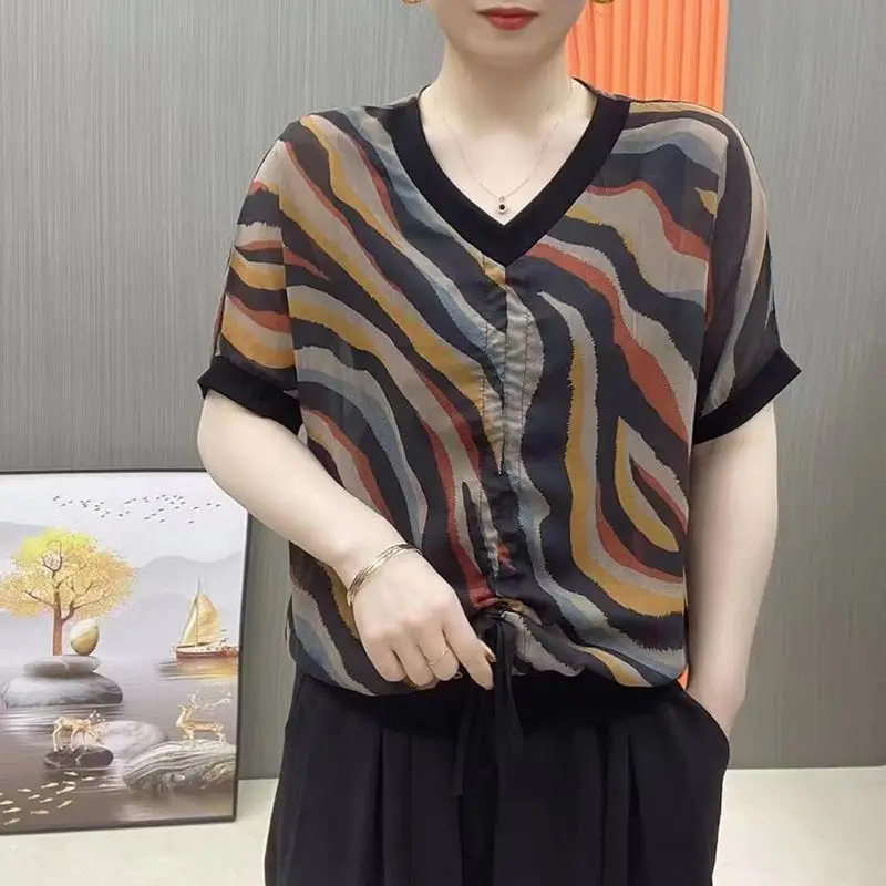 Korean Casual Striped Printed Shirt Women's Clothing Stylish Shirring Drawstring Loose Summer Short Sleeve Commute V-Neck Blouse