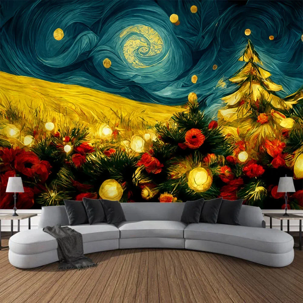 Christmas oil painting tapestry retro Christmas tree starry sky art mural Bohemian Christmas decoration hippie wall hanging