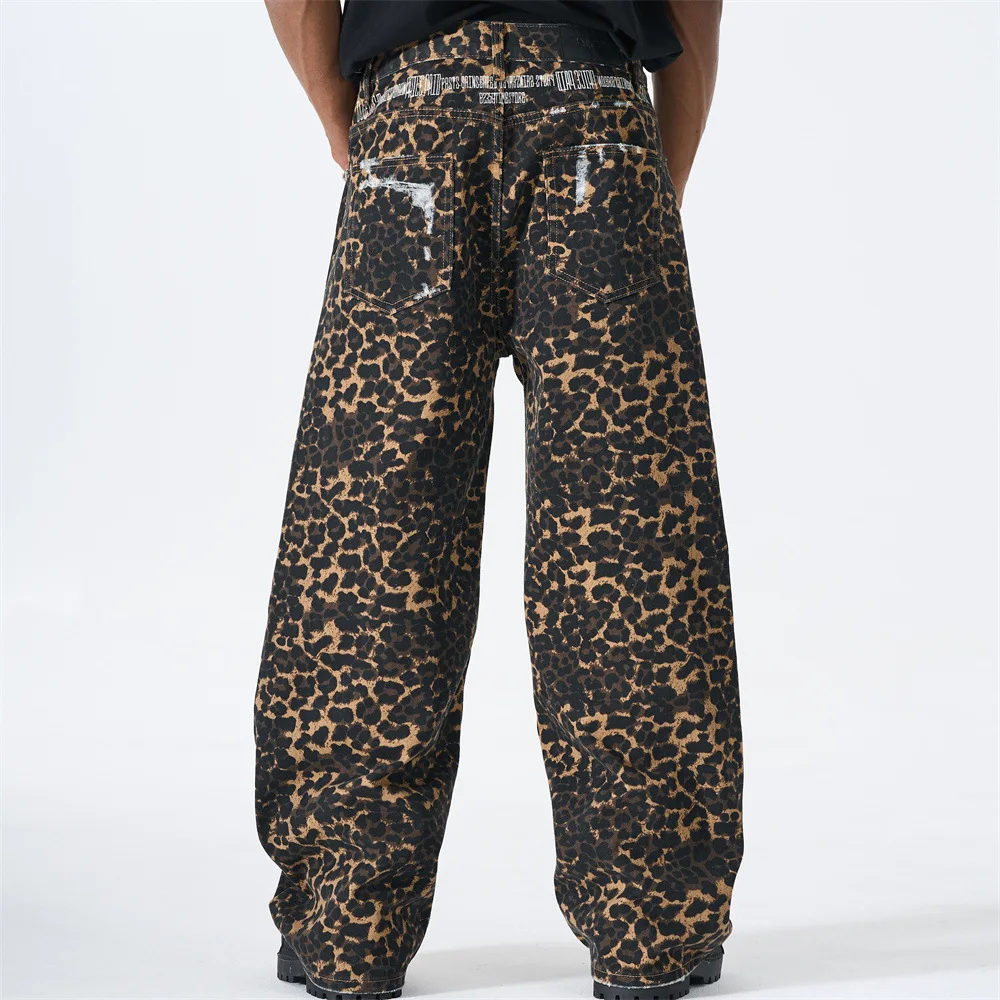 MWJLPWQ American Retro Leopard Print Ripped Patch Jeans For Men New Trendy Punk Distressed Loose Wide-Leg Straight Pants 17310