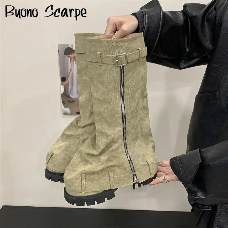 

Punk Style Denim Metal Decorations Round Toe Thick Sole Platform Chunky Heels Women Boots Knee High New Fashion Retro Sexy Shoes