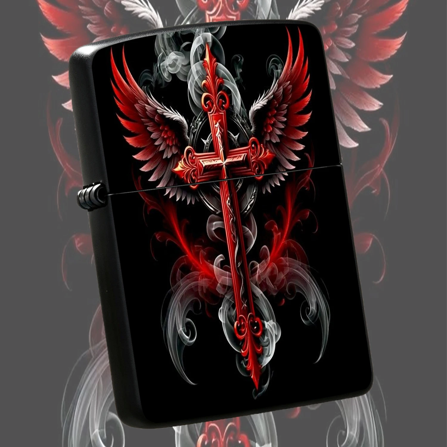 Vintage Ornate Red Winged Cross Decor Lighter Artistic Gothic Style Pattern Portable Igniter Unique Trendy Accessory For Daily Use Gifting Family Friends Suitable For All Scenarios A Humorous And Interesting Lighter