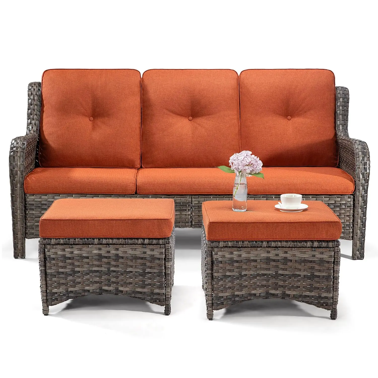3-Piece Wicker Patio Furniture Set with 3-Seat Sofa, 2 Ottomans, Olefin Cushions, Outdoor Sectional, Orange, Customized