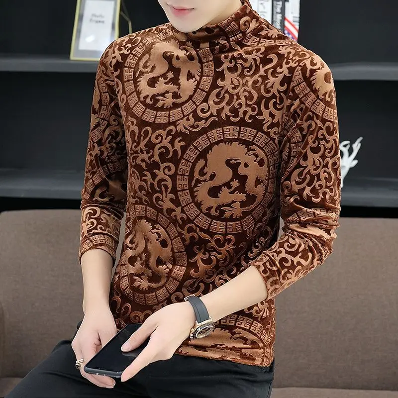 Trend Fashion Spring Autumn Golden Velvet New Men Mock Neck Printing New Korean Smart Casual Long Sleeve Bottoming Shirt Tops