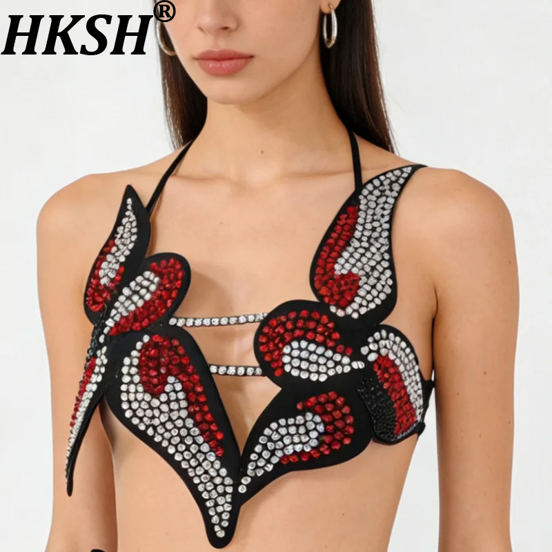 

Женский сексуальный укороченный топ HKSH с цветными стразами, на бретельках через шею, с открытой спиной, регулируемой шнуровкой, трендовый, для танцев, летний, HK22144