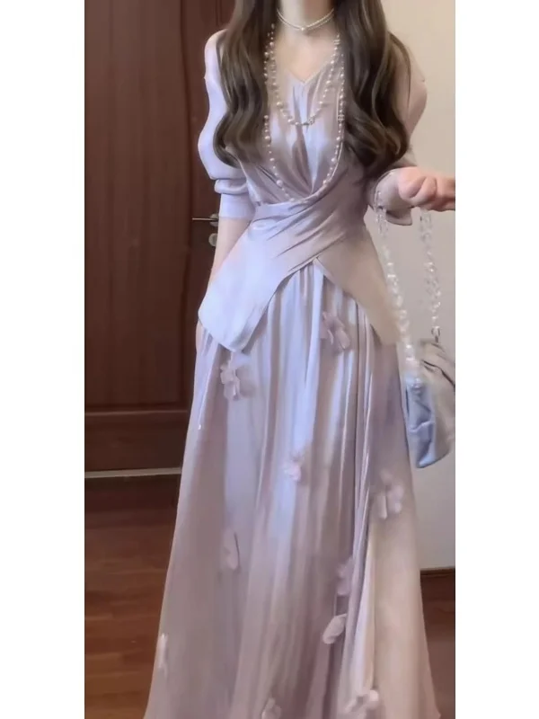 Elegant Purple V-Neck Long Sleeve Top High Waist  Skirt Two-Piece Set Women Summer Outfit Complete Set Ladylike Commute