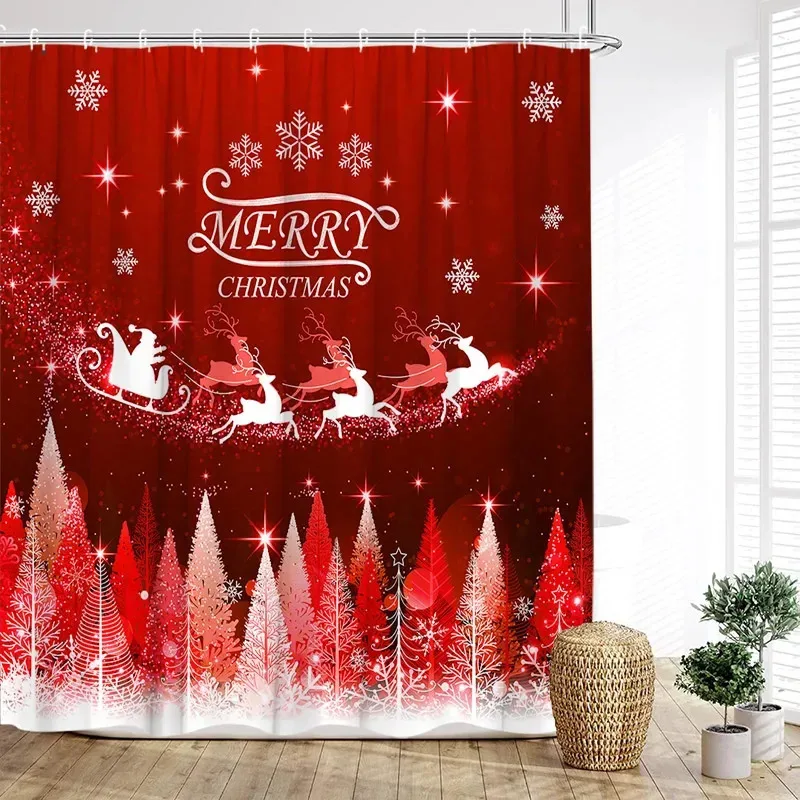 

JHB23Red Christmas Shower Curtain Silver Xmas Balls White Snowflake New Year Home Wall Hanging Bathroom Decor Bath Curtain W9Kj(