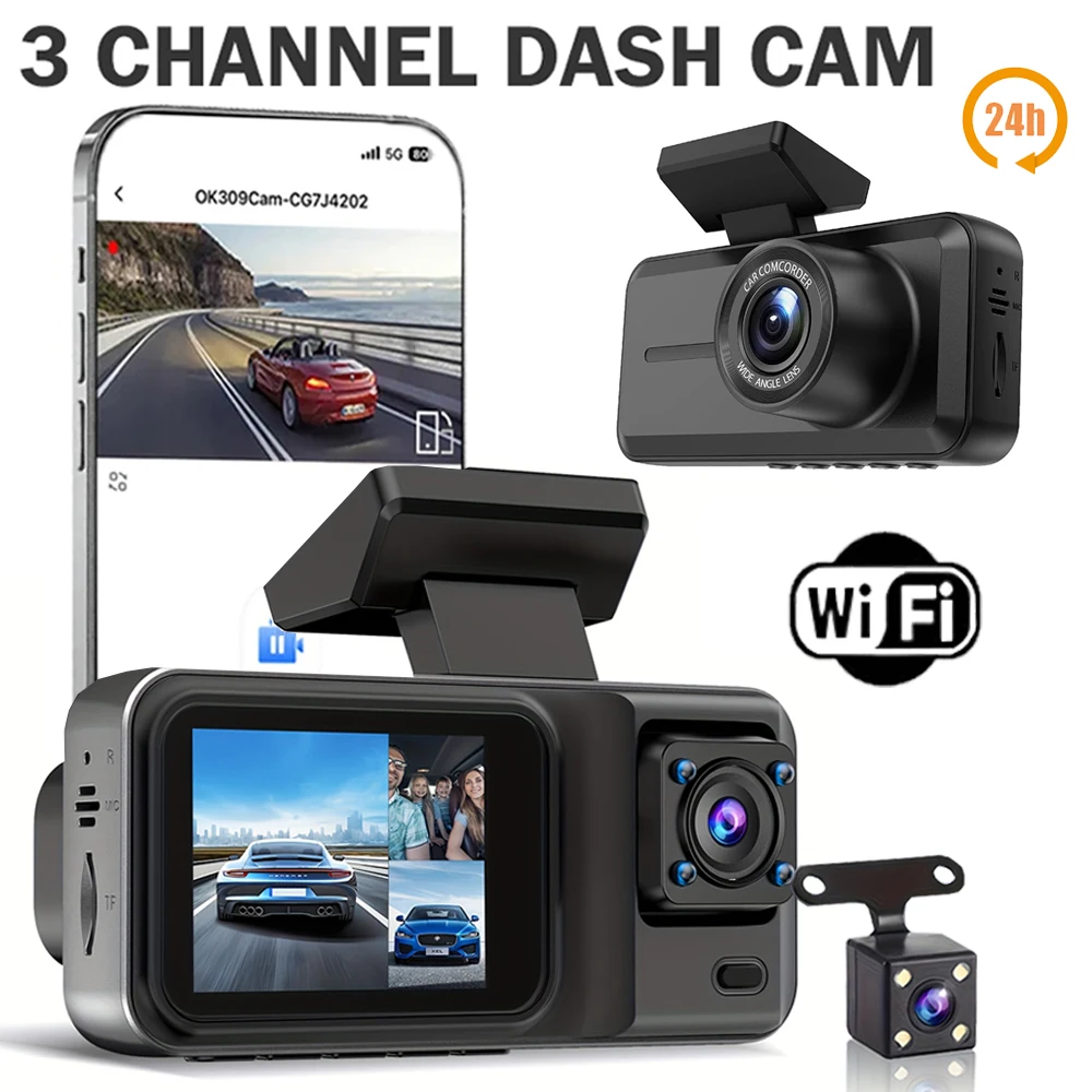 Cámara de salpicadero WIFI de 3 canales para cámara de coches caja negra grabadora de vídeo 1080P cámara de visión trasera para vehículo DVR accesorios de coche