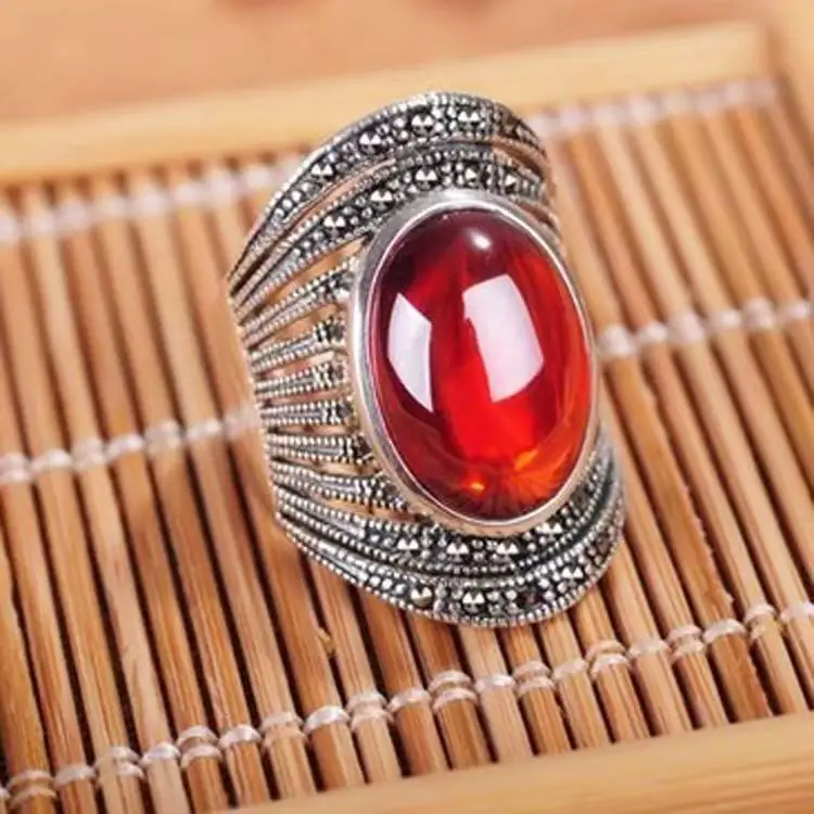 YYSuniee Retro Classic Solid 925 Sterling Silver Green Onyx Black Onyx Ring with Chalcedony Gemstone for Women Fine Fashion Ring