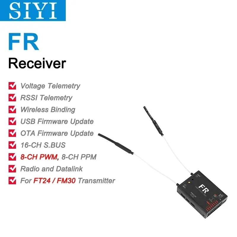 

SIYI FR/FR Mini Receiver: 2.4G 30KM Telemetry, S.Bus/PWM, OTA Upgrade, Bluetooth for FT24/FM30 Radio Module
