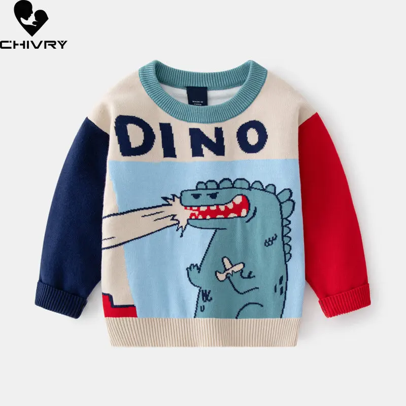 New Kids Pullover Sweater Autumn Winter Fashion Baby Boys Cartoon Dinosaur Jacquard O-neck Knitted Sweaters Children Clothing