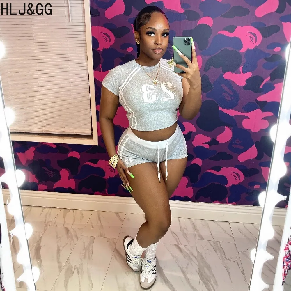 HLJ&GG Estate Nuova Lettera Stampa Pantaloncini con coulisse Set da due pezzi Donna Girocollo Manica corta Slim Crop Top e pantaloncini Abiti