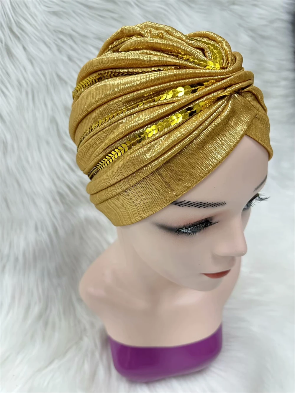 Fashion Women Shiny Turban With Sequins Headband Hat Breathable Headwear Hair Accessories Muslim Turban