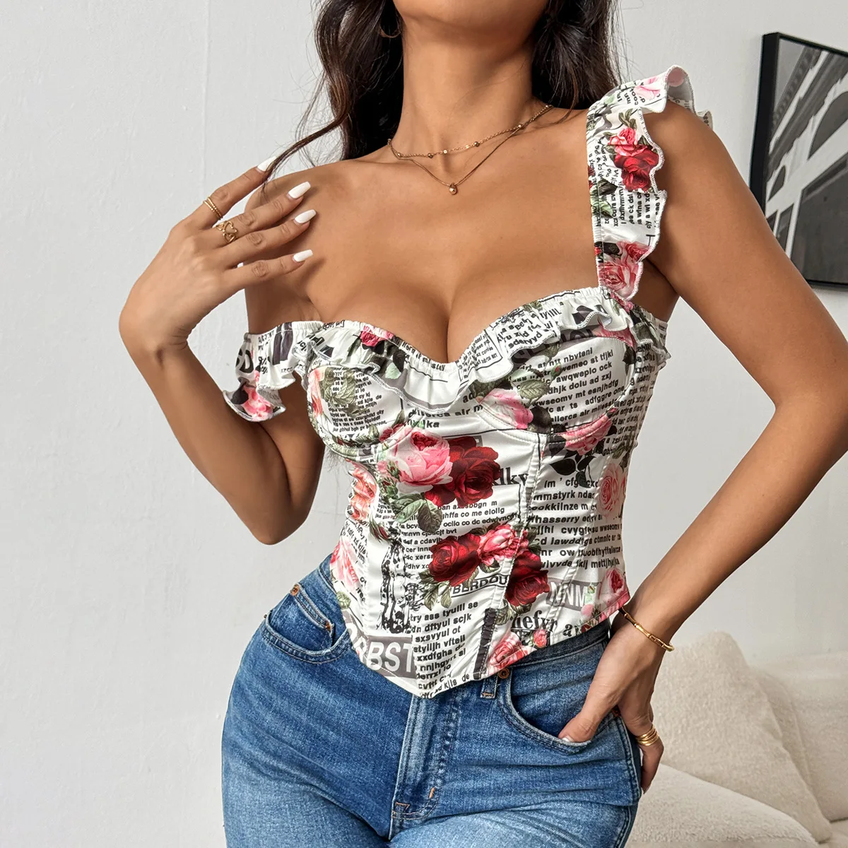 

Print Coquette Busiter Corset Top Elegant Sexy Summer Clothes Women 2024 Low Cut Lace Up Backless Tank Tops Resort Wear Blouse