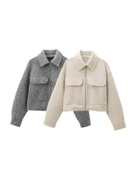 Cropped Jacket with Pockets for Women, Long Sleeve Coat, Front Zipper, Female Outerwear, Chic Tops, Fashion