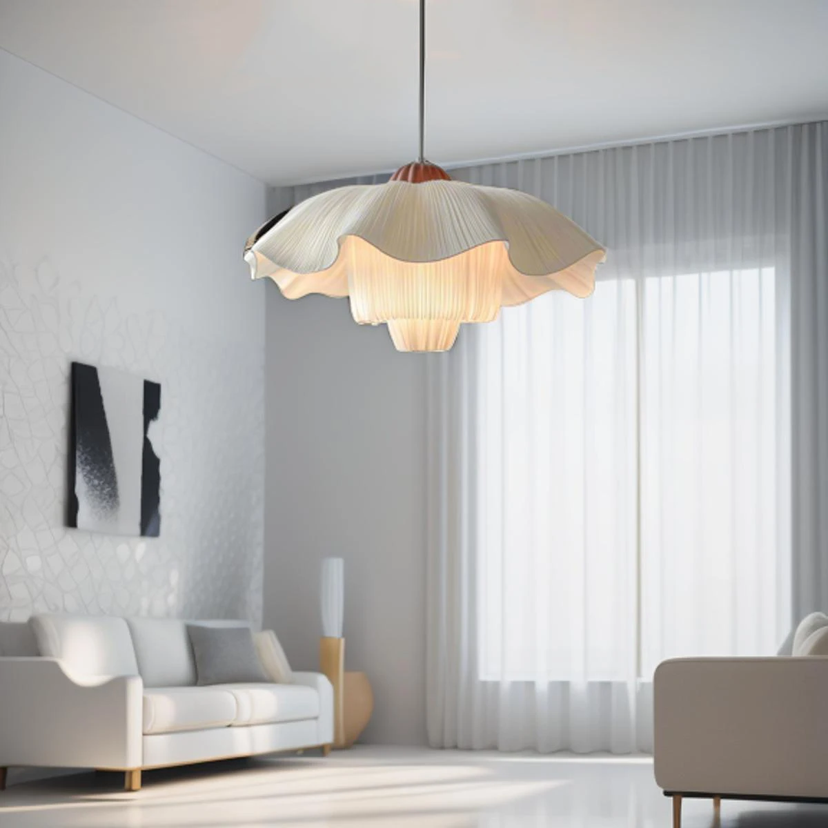 French Cream Style White Pendant Lamps for Living Room Dining Room Bedroom Dec 40cm 50cm 60cm Flower Shape Fabric Hanging Light