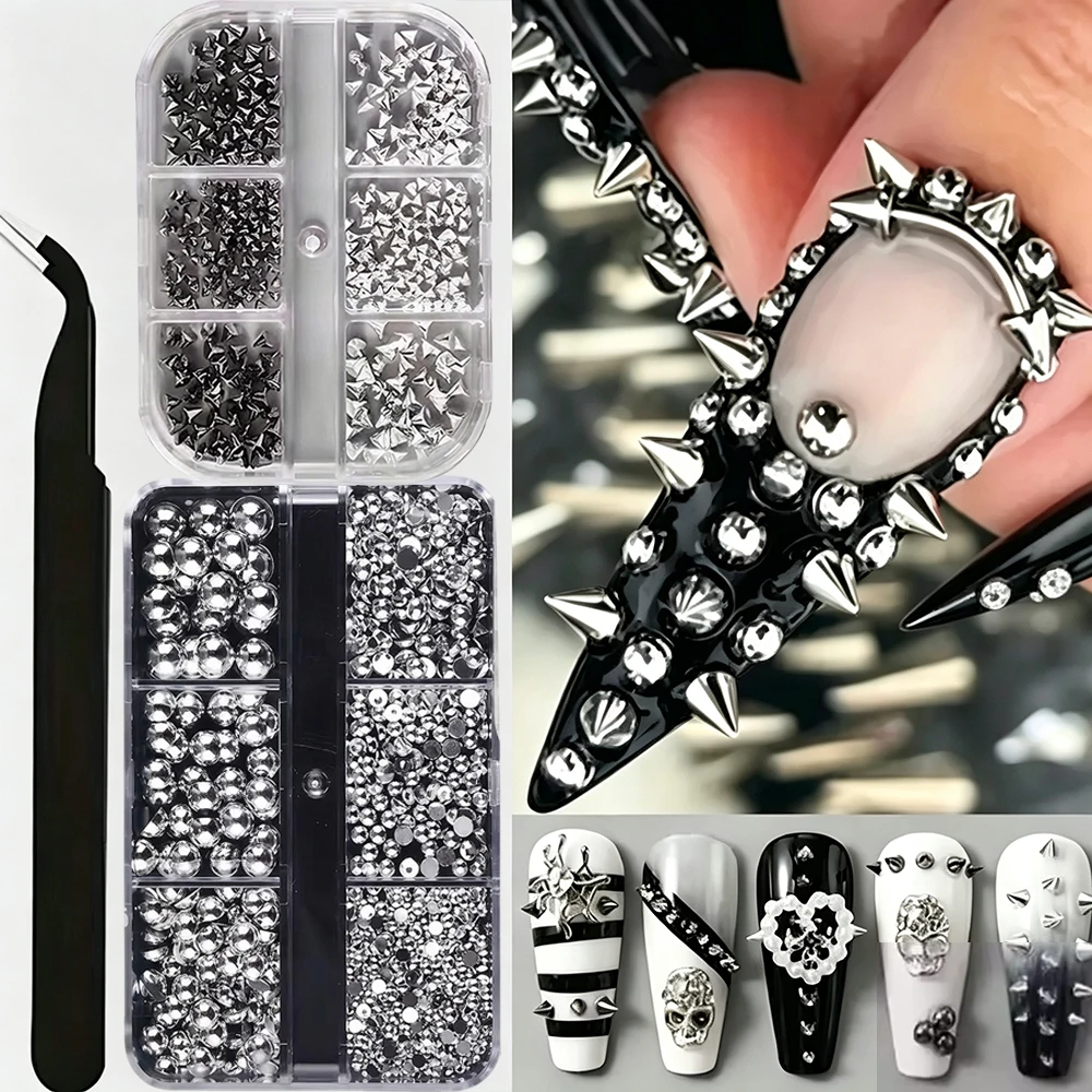 2Boxes 3D Punk Metallic Rivet Nail Charms Y2k Silver Half Round Caviar Bead & Tiny Cone Spike Studs Nail Jewelry DIY Gothic Deco