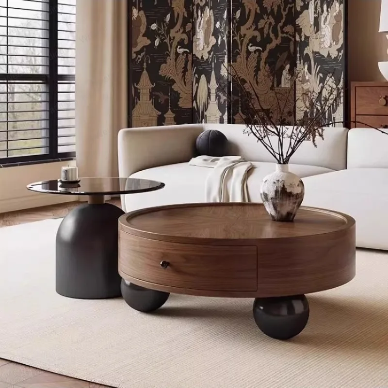 

Medieval solid wood coffee table living room home retro round tea table combination sofa edge table