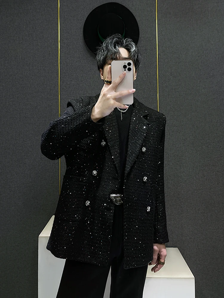 Tianxing Design Double Row Button Men's Black Suit Jacket Casual Versatile Cool Street Style Sparkling Sequins Multi-Purpose