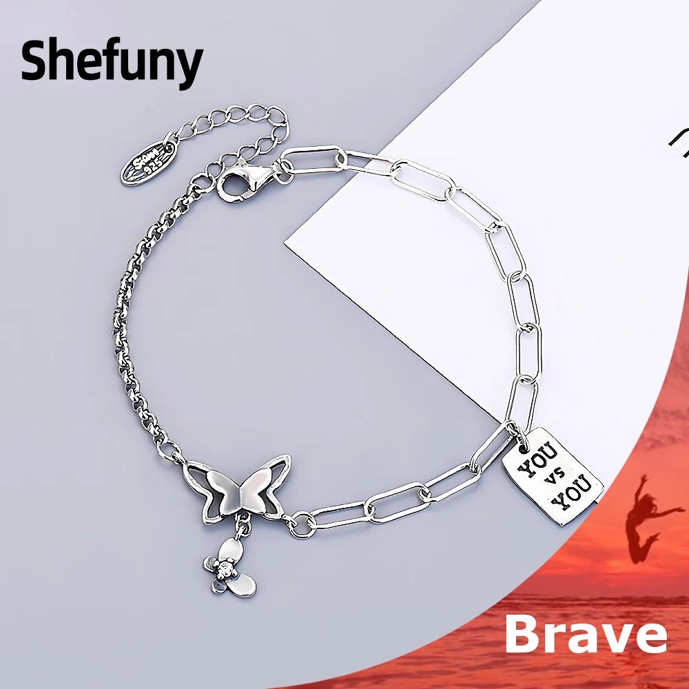 

925 Sterling Silver Butterfly Hang Tag Chain Bracelet CZ Oxidized Asymmetrical Animal Bangle For Women Fine Jewelry Party Gift