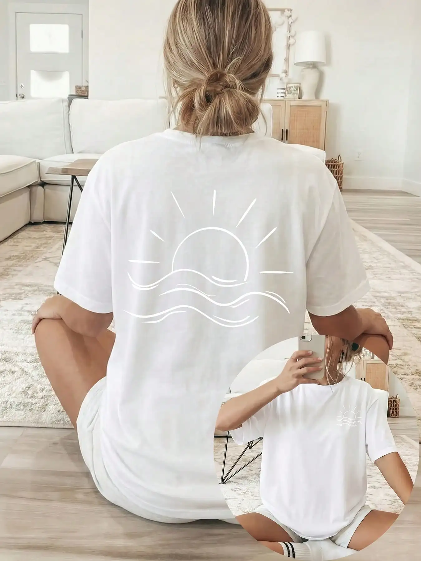 2026 New Summer Collection Double-Sided Print Loose Casual Women's Clothing White Line Sun and Sea Pattern Print Sexy Female top