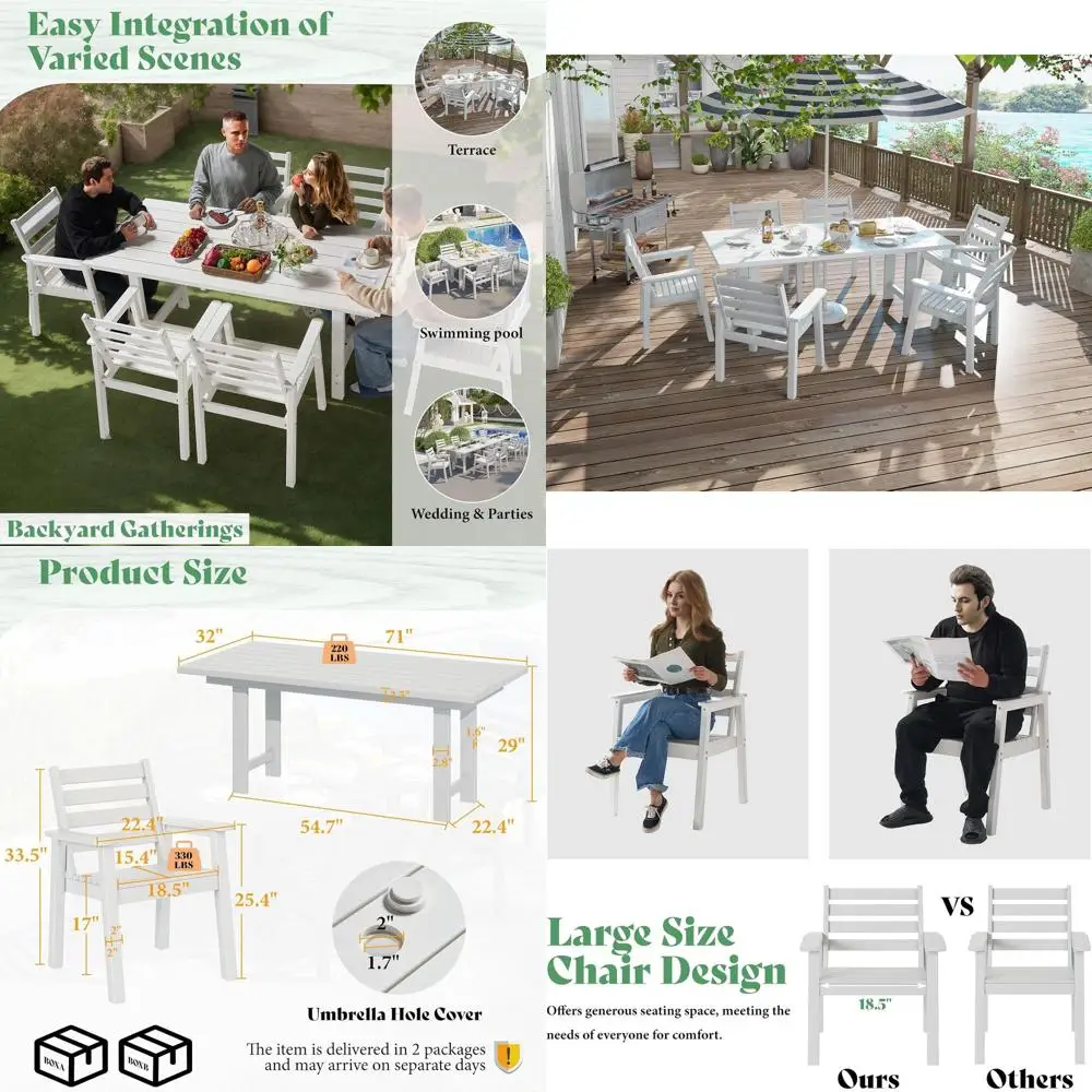 

7-предметный обеденный набор из HDPE для улицы с 6 стульями, столом 71 дюйма, отверстием для зонта, подходит для сада, заднего двора, зоны у бассейна, белый цвет