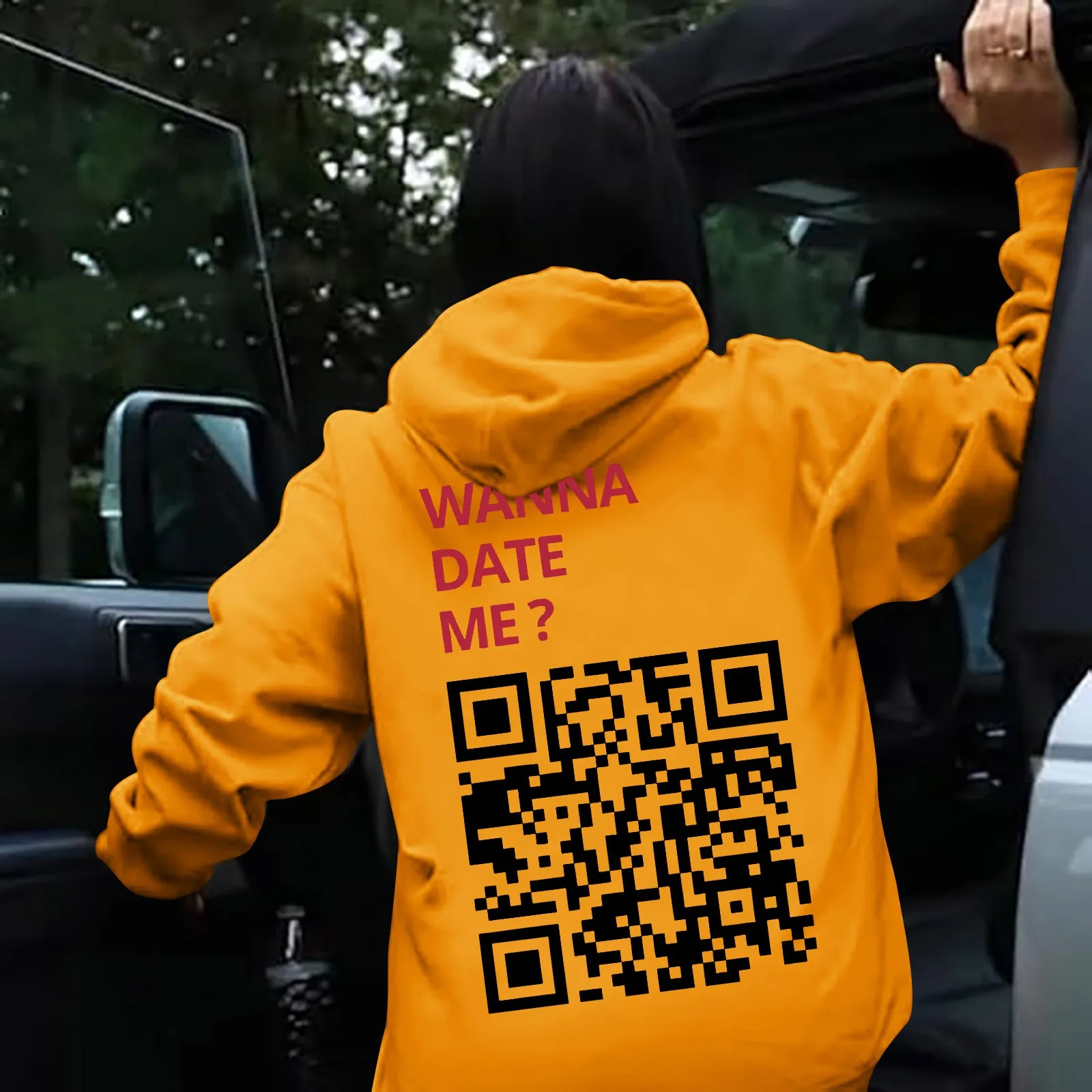 Hot Sale Funny Digital QR Code Hooded Wanna Date Me QR Code Hooded Drawstring Pocket Sweatshirt Women Hip Hop Pullovers Clothing