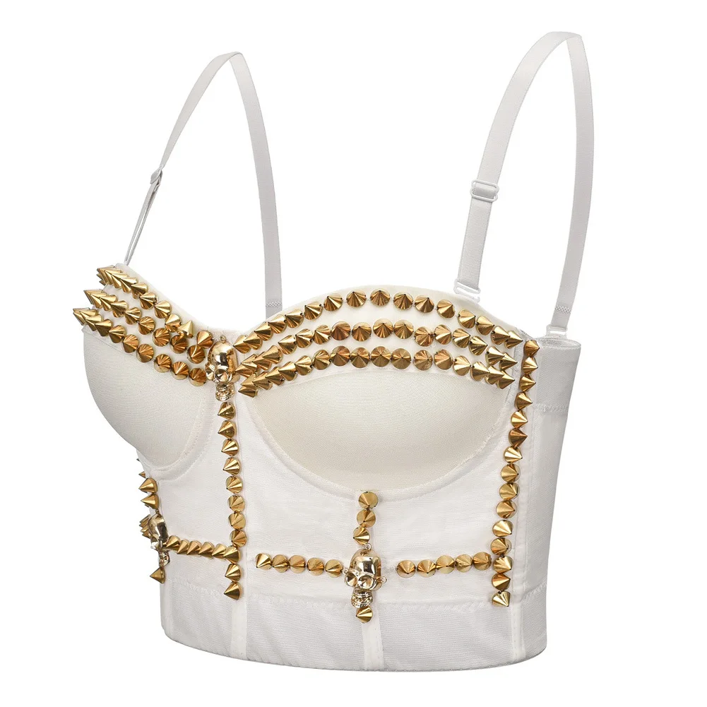 Summer Hot Lingerie Women Sexy White Corset Gothic Black Bustier Punk Golden Rivets Adjusted-straps Push Up Bra Party Wedding