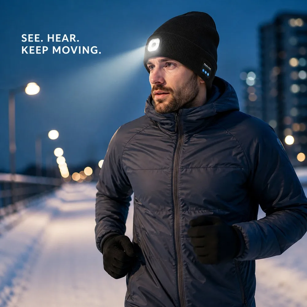Bluetooth 5.3 LED Beanie Hat with Light Wireless Music Headset Warm Knit Cap for Night Running Cycling Outdoor Work