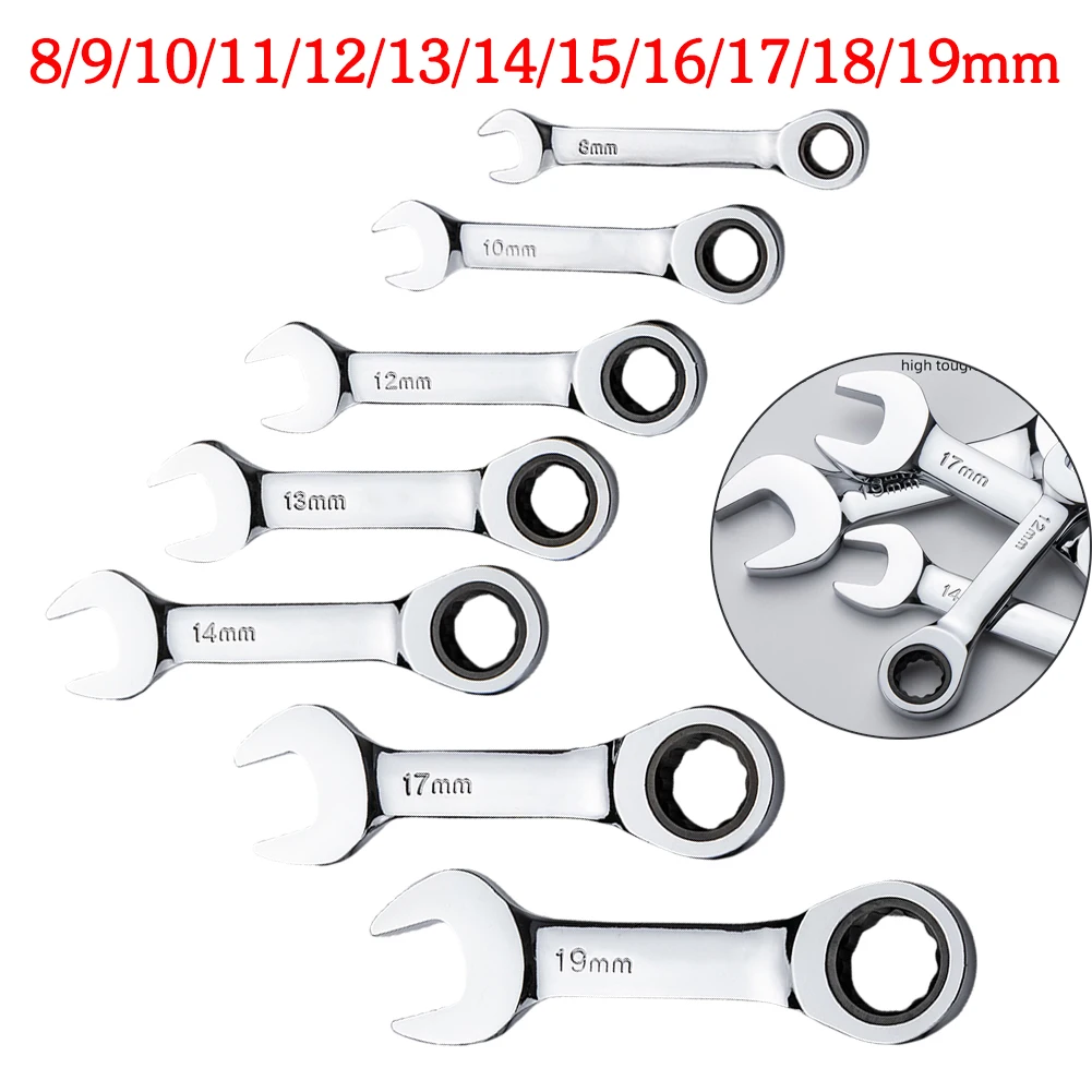 Reversible Combination Stubby Spanner Quick Open Short Handle Ratchet Socket Wrench 8mm-19mm CR-V Steel Bike/Auto Repair Tool