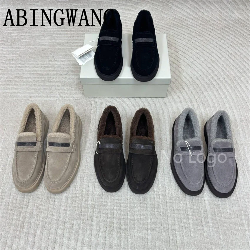 الجلد المدبوغ داخل الفراء الشقق المتسكعون للنساء الانزلاق على المدرج السيدات مكتب الأحذية 2025 الخريف الشتاء كسول أحذية النساء أحذية دافئة #6