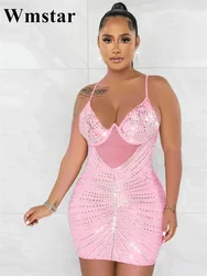 Wmstar kobiety gorące wiertło z diamentami bez rękawów sukienka z dekoltem w serek moda Bodycon Mini wieczorowa, Sexy Clubwear imprezowa sukienki ołówkowe