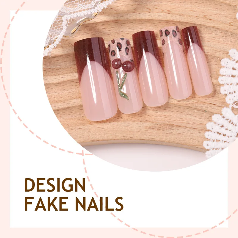 24 faux ongles carrés en forme de cerise léopard cool et sucrés, design français européen américain, ongles à presser pour les filles épicées, art des ongles