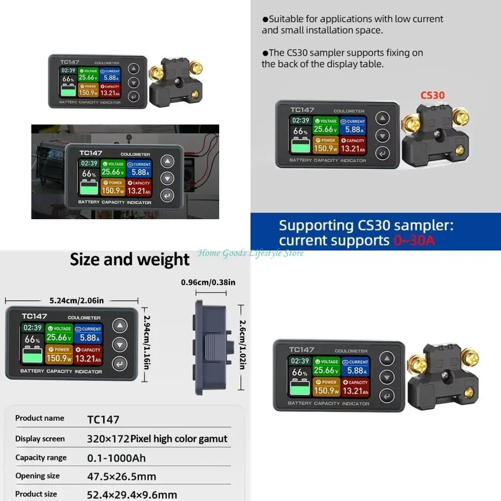 

E74E 6-60V Color Screen Coulomb Meter, 30A/75A Battery and Current Meter