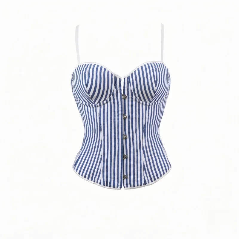 Women Striped Bustier Top Thin Spaghetti Strap Front Button Corset Slim Fit Waist Trainer Vintage Crop Camisole