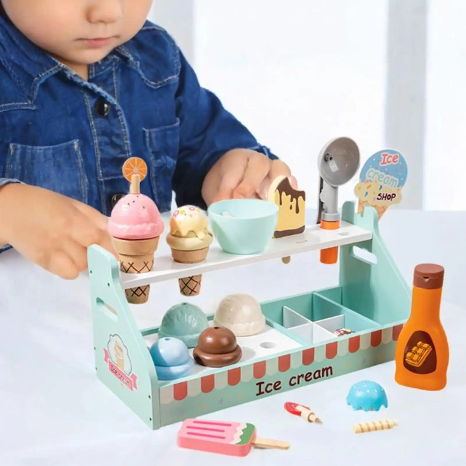 Ice Cream Toy Set Role Play Game with Wooden Stand Pretend Play Food Toy for Age