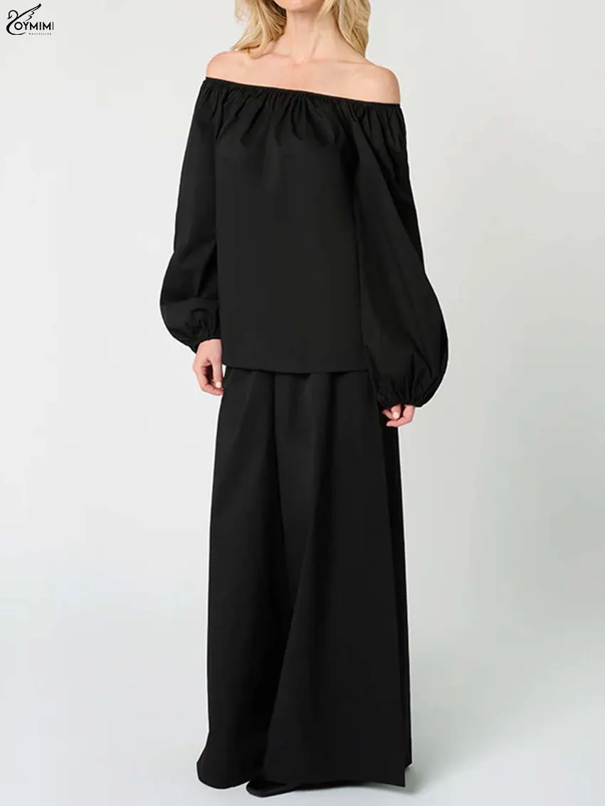 

Oymimi Elegant Black Loose Set Woman 2 Piece Fashion Strapless Long Sleeve Blouses And High Waisted Floor-Length Skirts Sets
