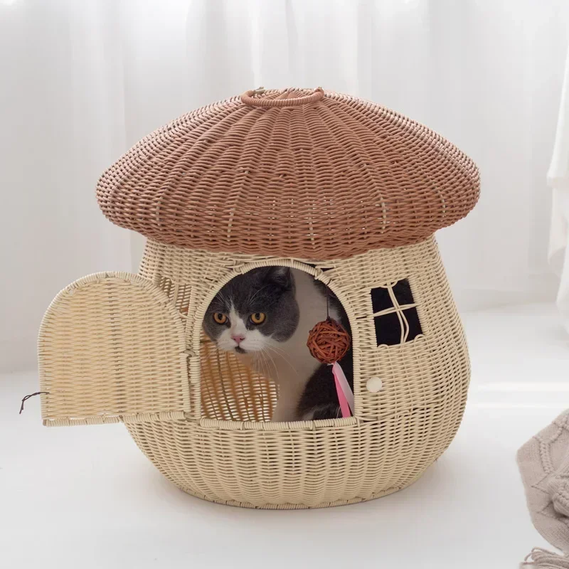 

Four-Season Universal Cat House Imitation Rattan Woven Cat Condo Cozy Mushroom-Shaped Kitten Nest Comfortable Pet Bed